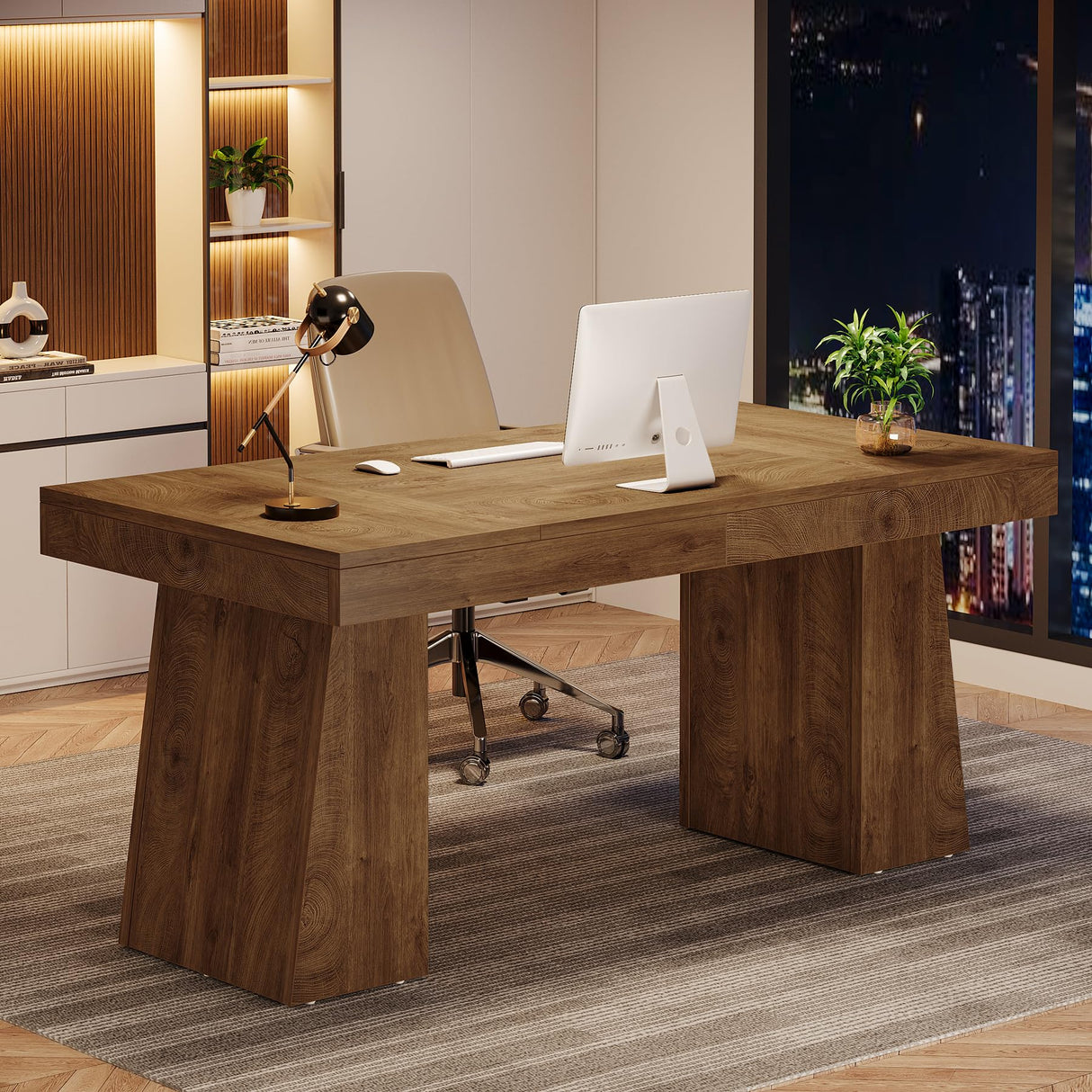 Tribesigns 55 Inches Executive Desk, Mid-Century Modern Home Office Desk, Wood Computer Table Business Workstation Small Conference Table, Light Brown Tribesigns