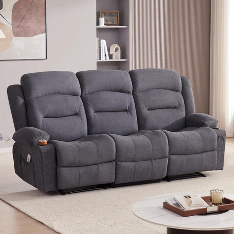 Reedvales Oversized Recliner Sofa with Heat and Massage, Big Large 3-Seater RV Recliner Couch Sofa for Living Room, Wall-Hugger Reclining Sofa with Cup Holders and USB Port (Fabric, Grey) Reedvales