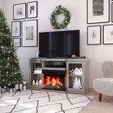 BELLEZE 57" TV Stand with 23" Electric Fireplace Heater with Sound, Entertainment Center for TVs Up to 65", Glass Door Storage Cabinet with 3-Side Glass Display Fireplace for Living Room, Bedroom-Grey BELLEZE
