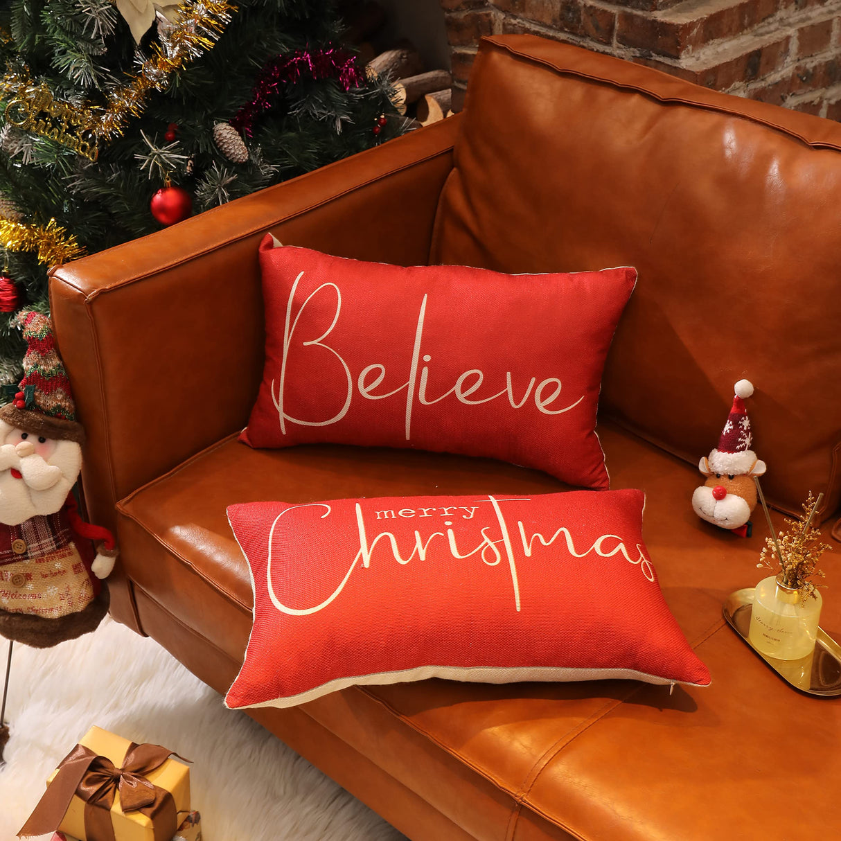 Christmas Throw Pillow Covers 12x20 Inch Set of 2 Merry Christmas Farmhouse Decorations Believe Holiday Decor Throw Cushion Case for Home Couch DFXSZ