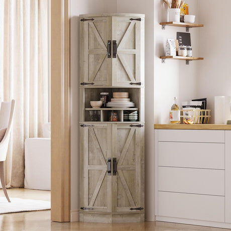 IRONCK Tall Corner Cabinet with 3 Wine Racks, Farmhouse Storage Cabinet with 4 Doors and Adjustable Shelves, Barn Door Design, Corner Bar Cabinet for Living Room, Kitchen, Laundry Room Rustic Maple IRONCK