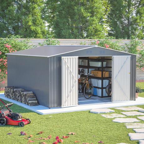 YOPTO 12x14FT Outdoor Storage Shed Metal Shed W/Floor Frame,Garden Tool House W/ 4 Air Vents,Lockable Double Doors & Sloped Roof,for Patio,Lawn,Backyard,Light Gray YOPTO