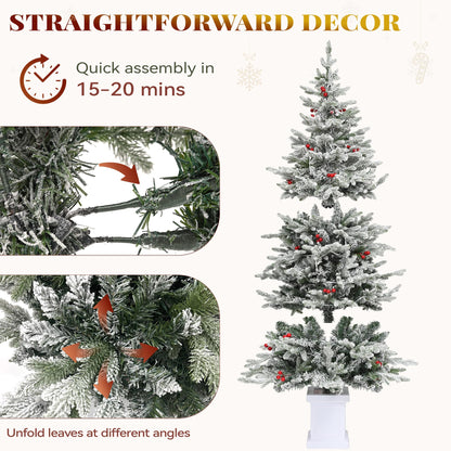 YITAHOME Potted Pre-Lit Flocked Arctic Fir Pencil Tree 6 ft, Slim Christmas Tree with 15 Pre-Decorated Red Berries, 520 PE & PVC Mixed Branch Tips, and 150 Lights for Home, Office Decoration