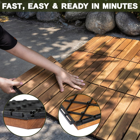 VICTORY RELAX Acacia Wood Flooring Interlocking Deck Tiles for Patio Decor 9 Pcs 6 Slats VR Natural - Waterproof Indoor & Outdoor Decor - Balcony Garden Decking Tile (12.24 * 12.24 * 0.75 inches) VICTORY RELAX