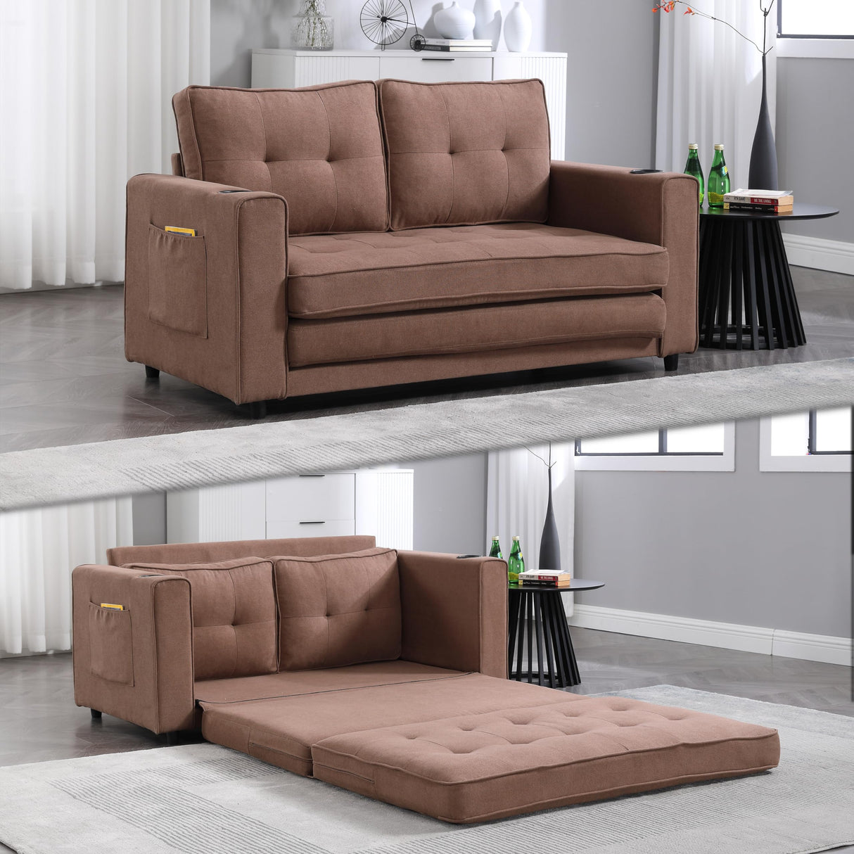 Merax Folding Sofa Bed with 2 Storage Pockets, Linen Convertible Couch Bed with Cup Holders, Loveseat Sleeper Sofa, Folding Couch Bed for Small Spaces for Living Room, Apartment, Brown Merax