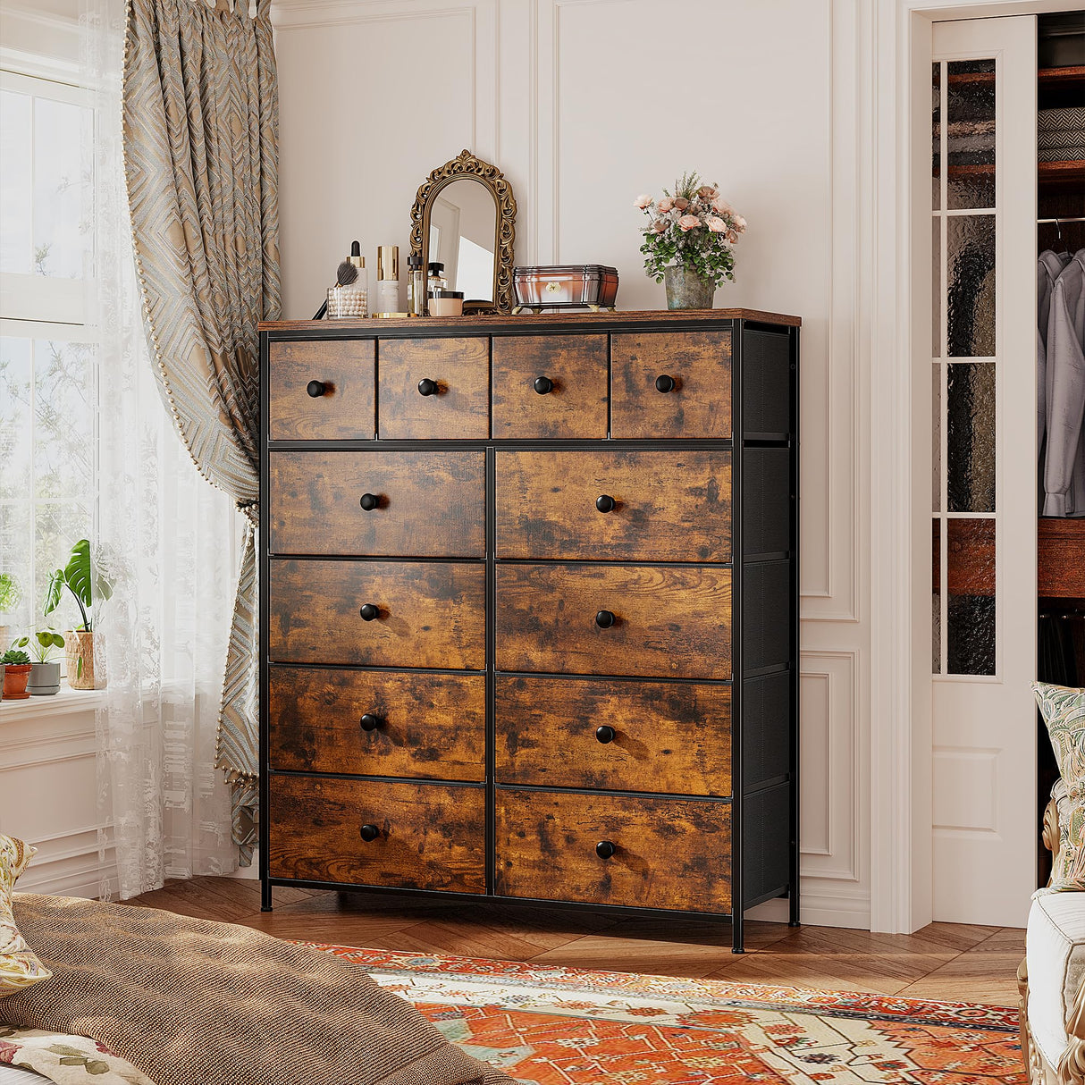 Romorgniz Tall Dresser for Bedroom with 12 Drawers, Fabric Storage Dressers & Chests of Drawers, Sturdy Metal Frame, Wood Top, Closet, Entryway, Bedroom Furniture (Rustic Brown) Romorgniz