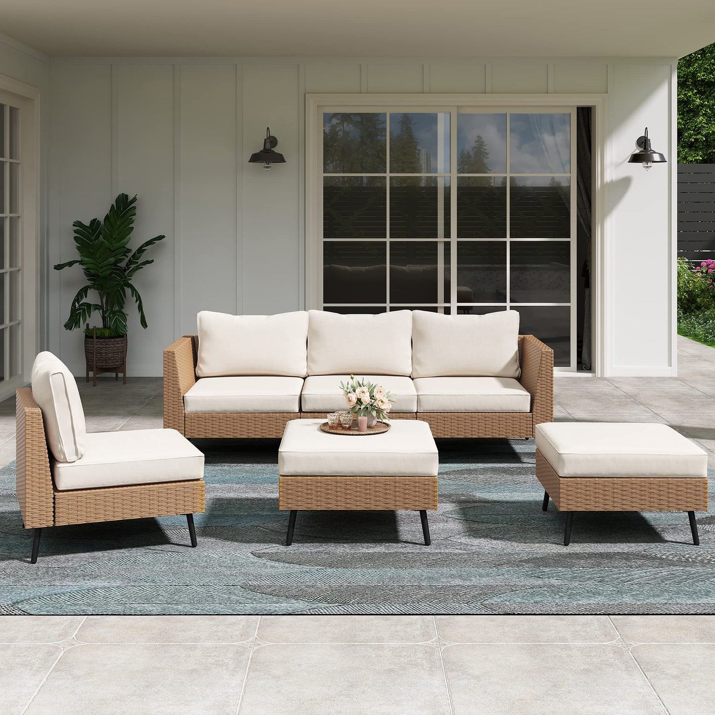 LAUSAINT HOME Outdoor Patio Furniture, 6 Piece Outdoor Sectional Sofa PE Rattan Wicker Patio Conversation Sets, All Weather Patio Furniture Set with Thick Cushions for Garden, Backyard(Beige) - WoodArtSupply