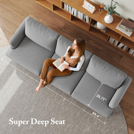 Busaurus 3 Seater Sofa Couch with Deep Seats, 89" Mid Century Modern Upholstered Sofa with Armrests, Comfy Couches for Living Room, Bedroom, Apartment and Office (Grey) Busaurus
