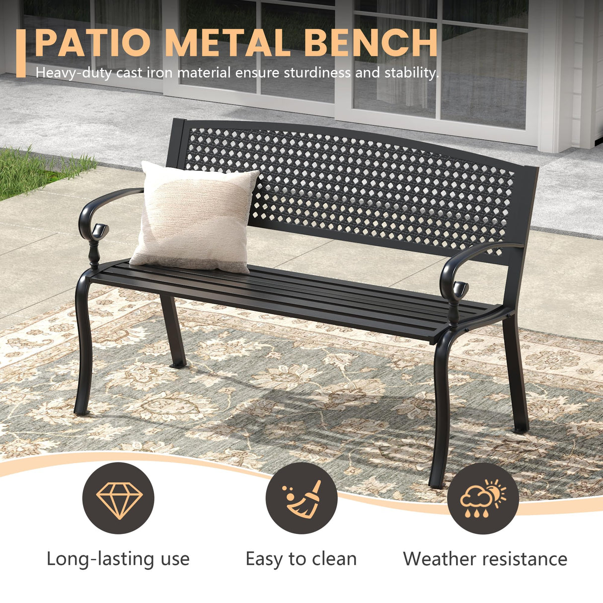 ARKOST Outdoor Bench, 50.4" Patio Metal Frame Garden Bench with Backrest and Curved Armrests for Lawn Backyard, Black ARKOST
