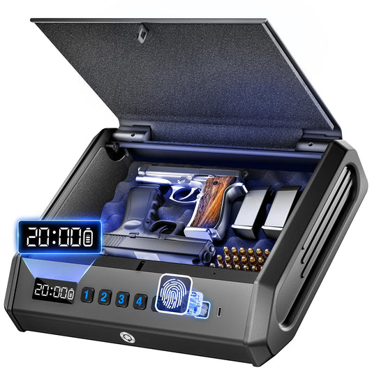 Large Gun Safe for 2-4 Pistols, Fingerprint Digital PIN Key Unlock with LCD Display & USB Port, 650 DPI Quick Access Biometric Handgun Safe, Hand Gun Lock Box for Home Drawer Car Bedside Nigh - WoodArtSupply