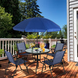Vongrasig 6 Pieces Folding Patio Dining Set, All Weather Small Metal Outdoor Table and Chair Set, Garden Patio Furniture Set w/Umbrella, Glass Table & 4 Folding Chairs for Lawn, Backyard, Blue Vongrasig