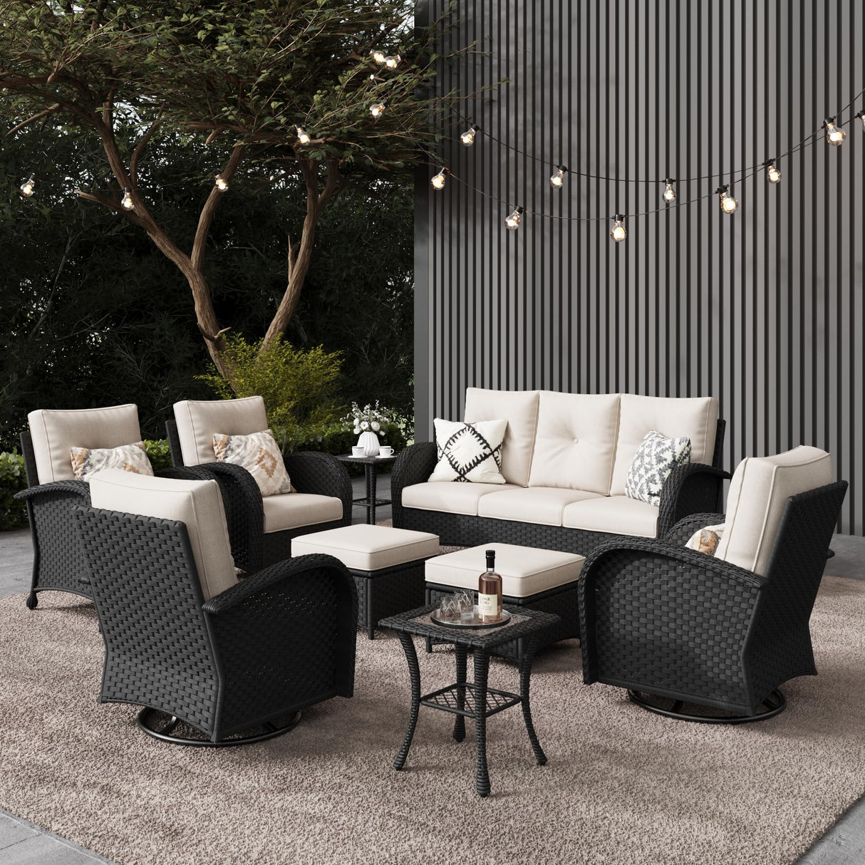LayinSun 9 Pieces Outdoor Patio Furniture Set, Rattan Wicker Sectional Swivel Rocker Chairs Sets LayinSun