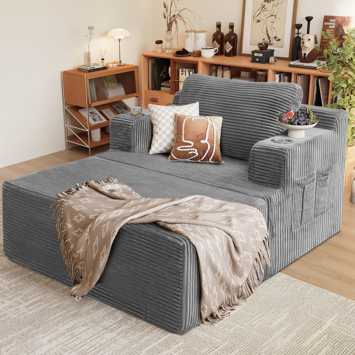 Homall Oversized Chaise Lounge Chair, Cloud Couch with Fluffy Upholstered, Deep Seat Sleeper Sofa Bed with Two Cup Holders, Comfy Boneless Couch No Assembly Required for Living Room, Apartment (Grey) Homall