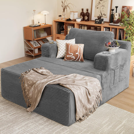 Homall Oversized Chaise Lounge Chair, Cloud Couch with Fluffy Upholstered, Deep Seat Sleeper Sofa Bed with Two Cup Holders, Comfy Boneless Couch No Assembly Required for Living Room, Apartment (Grey) Homall
