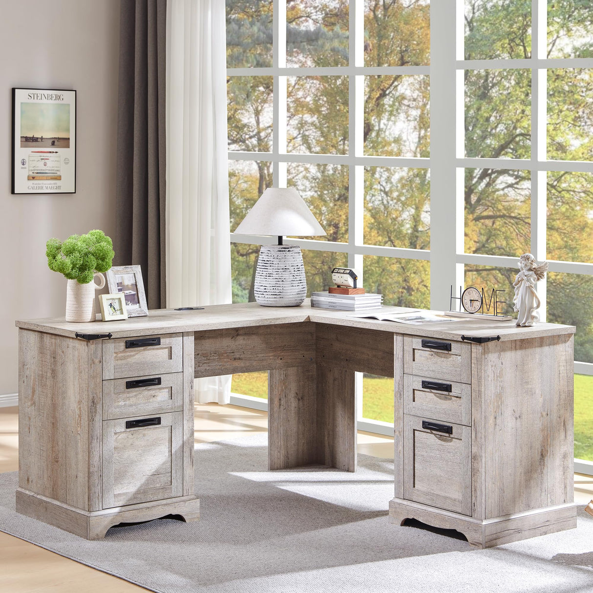 RedLemon 60" Farmhouse L Shaped Executive Desk with Drawers, Wood Home Office Corner Desk with Charging Station, File Drawer, Storage Cabinet, Rustic Computer Writing Desk (Light Rustic Oak) RedLemon