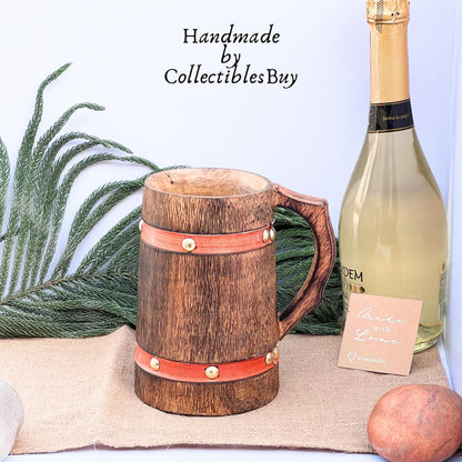 collectiblesBuy Handmade Wooden Tankard Mug Drinking Beer Coffee Tea Stein Rustic Knitted Orange Leather Strap Wooden Beverages Home & Table Decor - WoodArtSupply