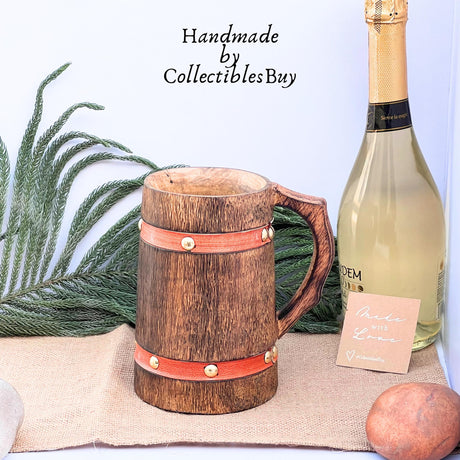 collectiblesBuy Handmade Wooden Tankard Mug Drinking Beer Coffee Tea Stein Rustic Knitted Orange Leather Strap Wooden Beverages Home & Table Decor collectiblesBuy