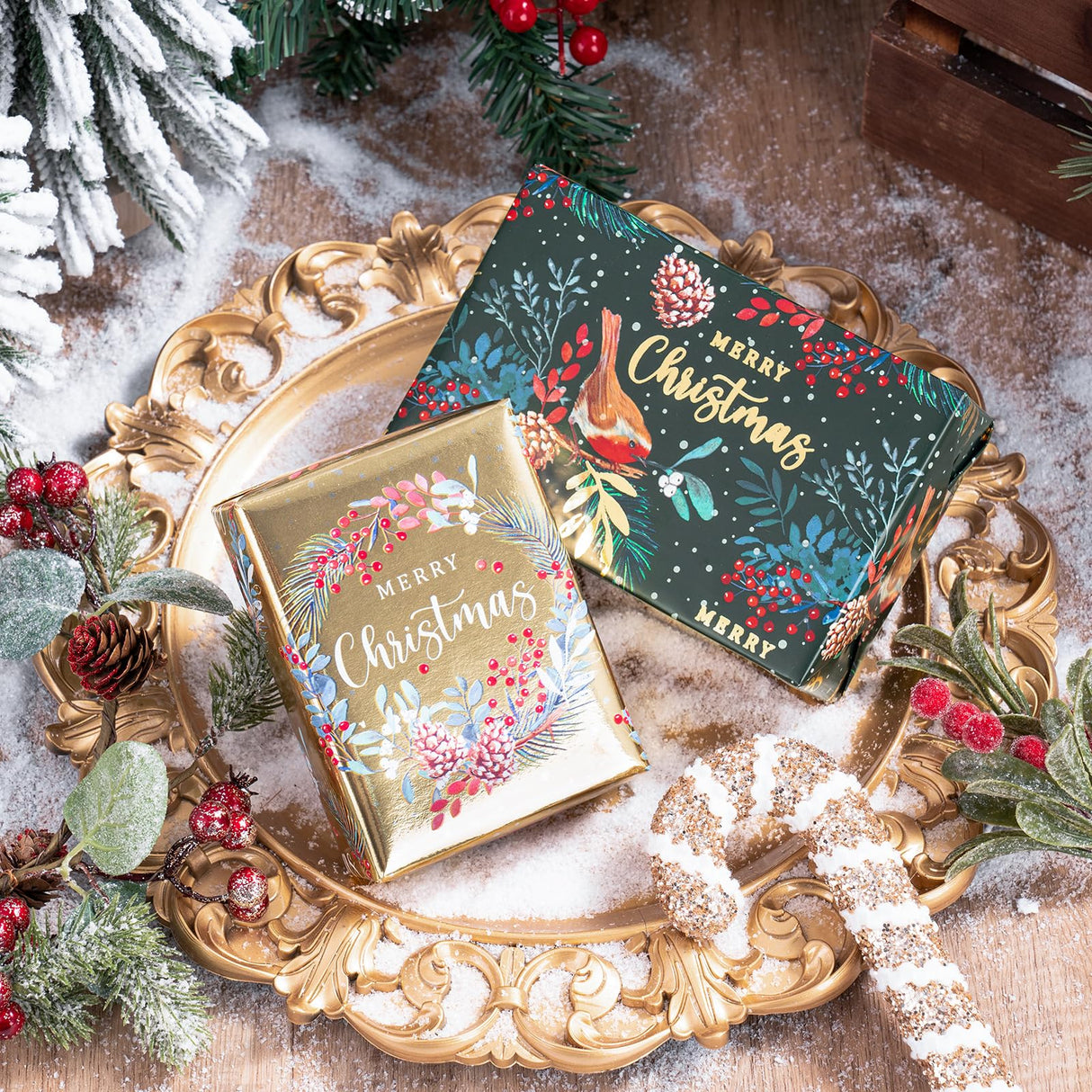 WRAPAHOLIC Christmas Wrapping Paper Roll - Mini Roll - 3 Rolls - 17 Inch x 120 Inch Per Roll - Bird, Christmas Garland, Holly and Pinecones Holiday Design with Metallic Foil Shine WRAPAHOLIC