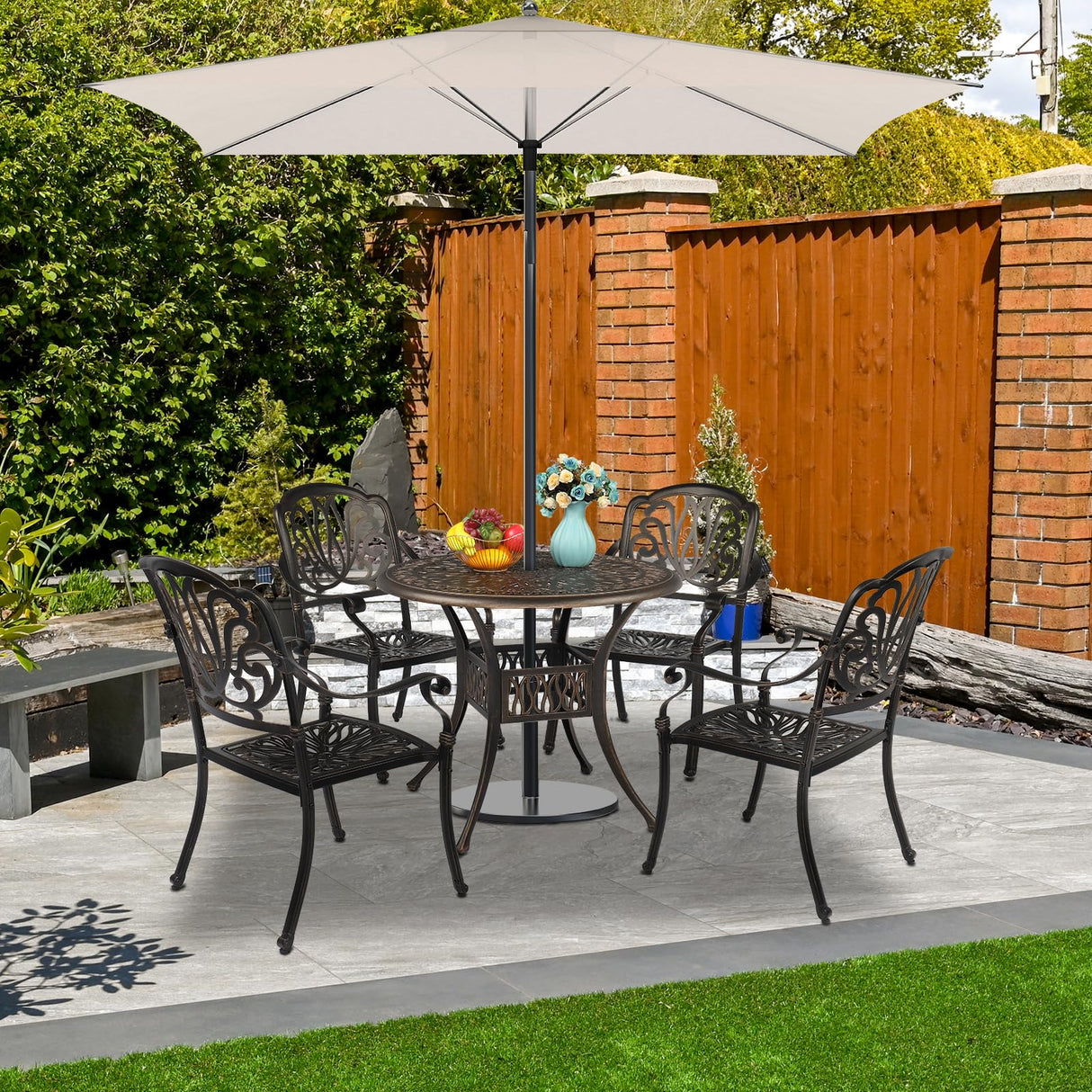 VINGLI 5 Pieces Outdoor Patio Dining Set, Cast Aluminium Patio Furniture Set with 4 Chairs and 1 Umbrella Table for Yard, Garden, Porch and Poolside, Bronze (Round Table and Chairs) VINGLI