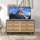NTYUNRR Black Rattan Dresser, 6 Drawer Double Dresser for Bedroom, 59.06" Rattan Dresser for Closet, 6 Drawer Dresser Chest of Dressers Storage Cabinet with Metal Handles, TV Stands for Living Room, L NTYUNRR