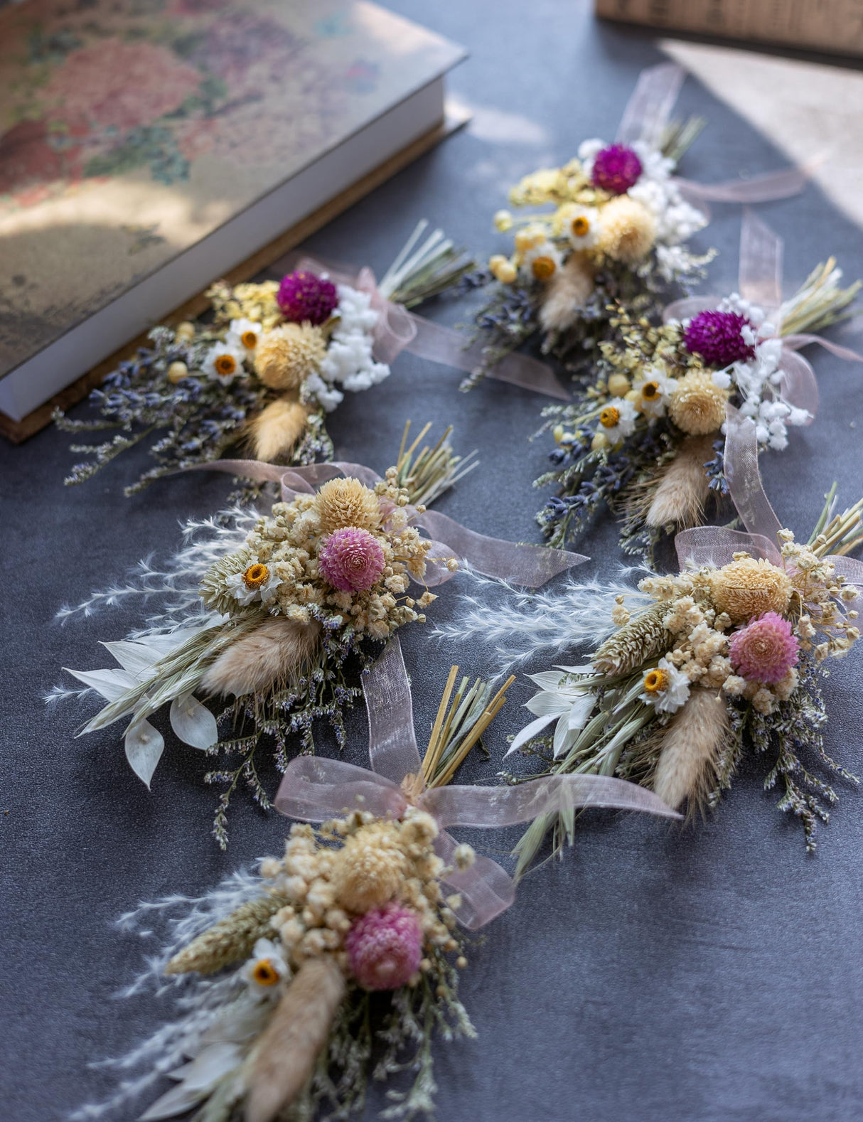 Mini Dried Flower Bouquet Set of 6, Small Bouquets, Bohemian Wedding Table Centerpieces Table Arrangements, Bridesmaid Flower Girl Proposal Gift Box, Birthday Cake Table Vase Decorations. (Pink) xin's convey