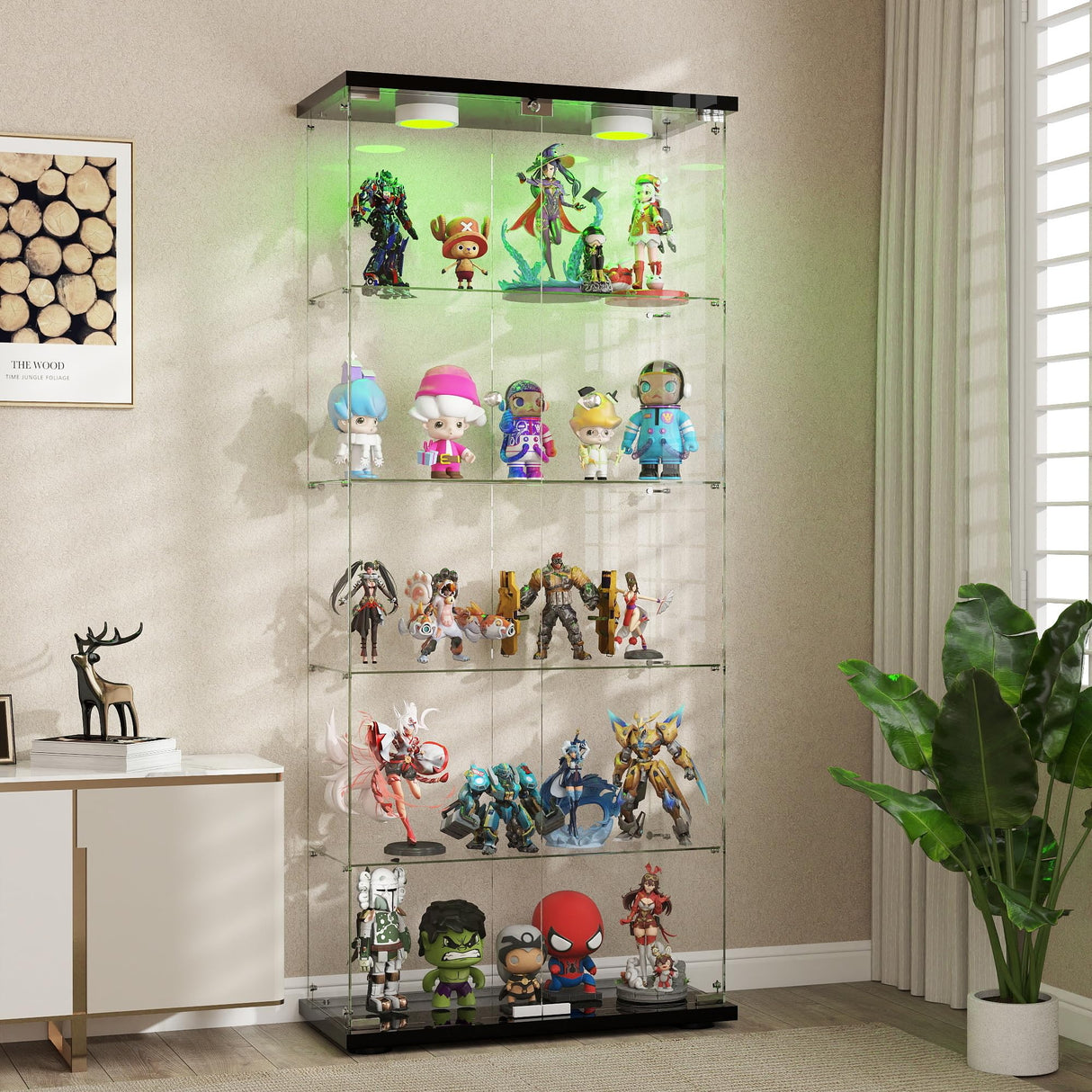 HAMBING Glass Display Cabinet with LED Lights and Lock, 5-Shelf Tempered Glass Curio Cabinet with 2 Doors, Collectible Display Showcase for Living Room, Bedroom – Black HAMBING