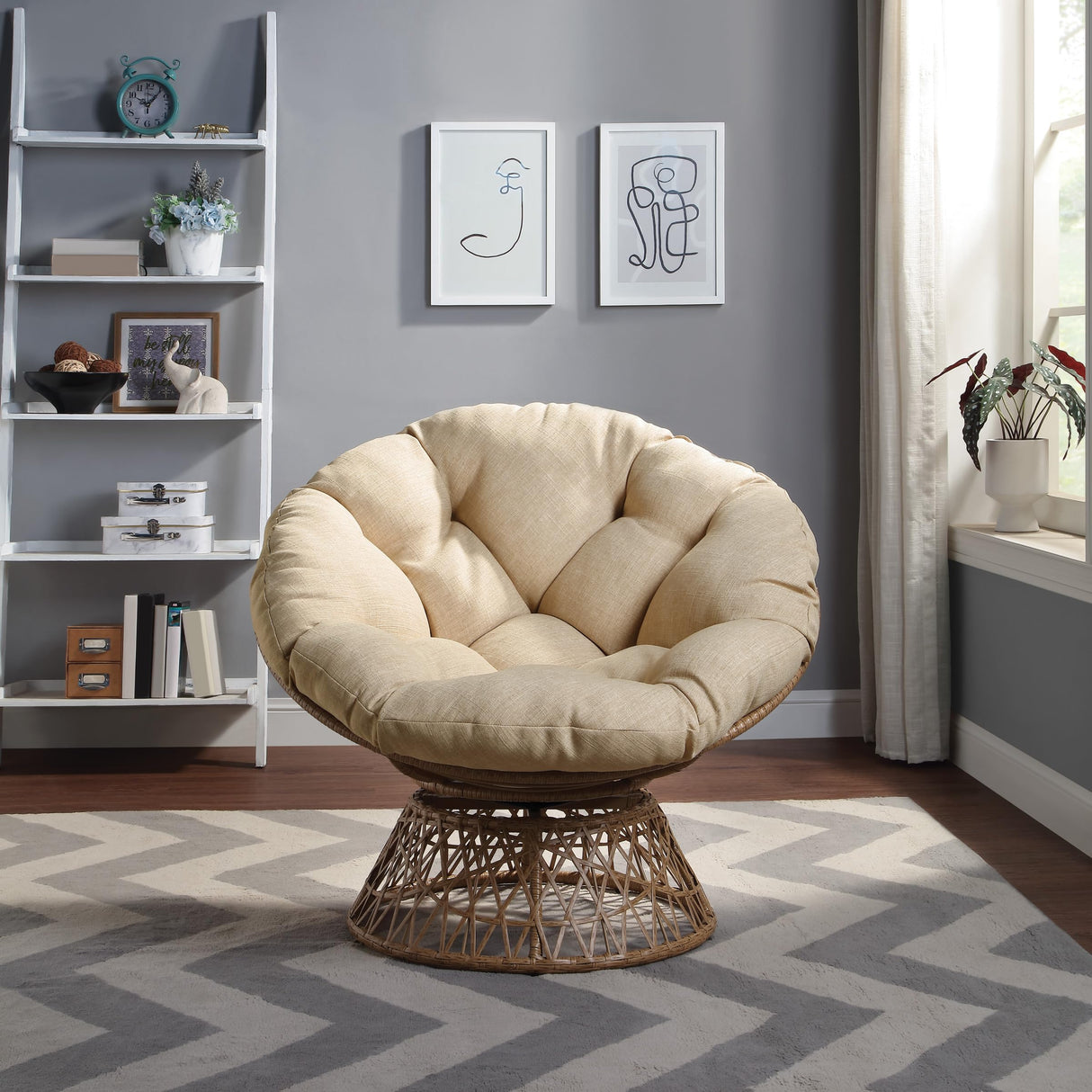 OSP Home Furnishings Wicker Papasan Chair with 360-Degree Swivel, Natural Frame with Cream Cushion OSP Home Furnishings