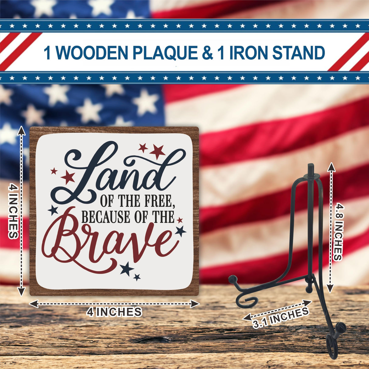 July 4th Wooden Plaque With Iron Stand - Free & Brave - 4"X4" Wood Sign For Memorial Day, America Patriotic Tabletop Signs, Shelf, Desk Decorations, Party Supplies - 07 Ketsord