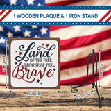 July 4th Wooden Plaque With Iron Stand - Free & Brave - 4"X4" Wood Sign For Memorial Day, America Patriotic Tabletop Signs, Shelf, Desk Decorations, Party Supplies - 07 Ketsord