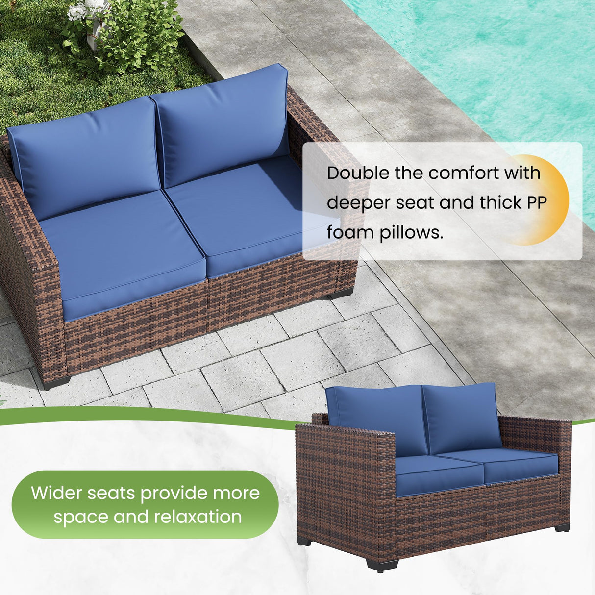 Amopatio Outdoor loveseat Furniture 2-Seat Wicker Patio Love seat, Small Patio loveseat with Water-Resistant Cover & Non-Slip Cushions, Premium Patio Set, Blue Amopatio