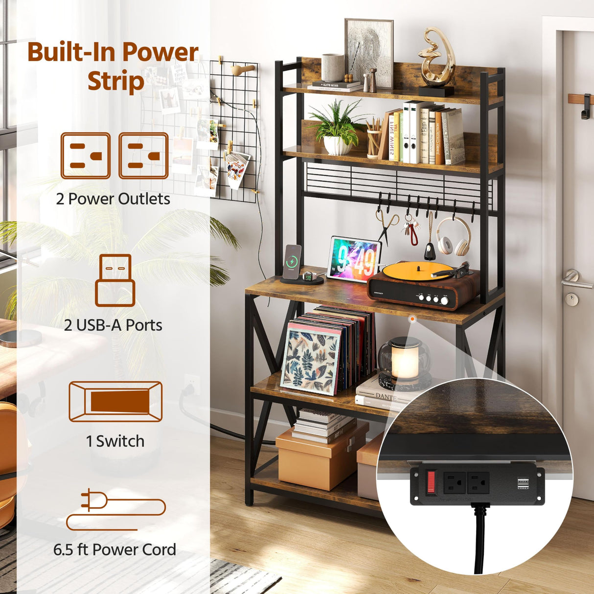 Yaheetech Kitchen Bakers Rack with Power Outlet & LED Lights, 5 Tiers Coffee Bar Table with 8 S Hooks, 64 Inches Tall Microwave Oven Stand with Storage for Spices, Pots, Rustic Brown Yaheetech