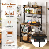 Yaheetech Kitchen Bakers Rack with Power Outlet & LED Lights, 5 Tiers Coffee Bar Table with 8 S Hooks, 64 Inches Tall Microwave Oven Stand with Storage for Spices, Pots, Rustic Brown Yaheetech