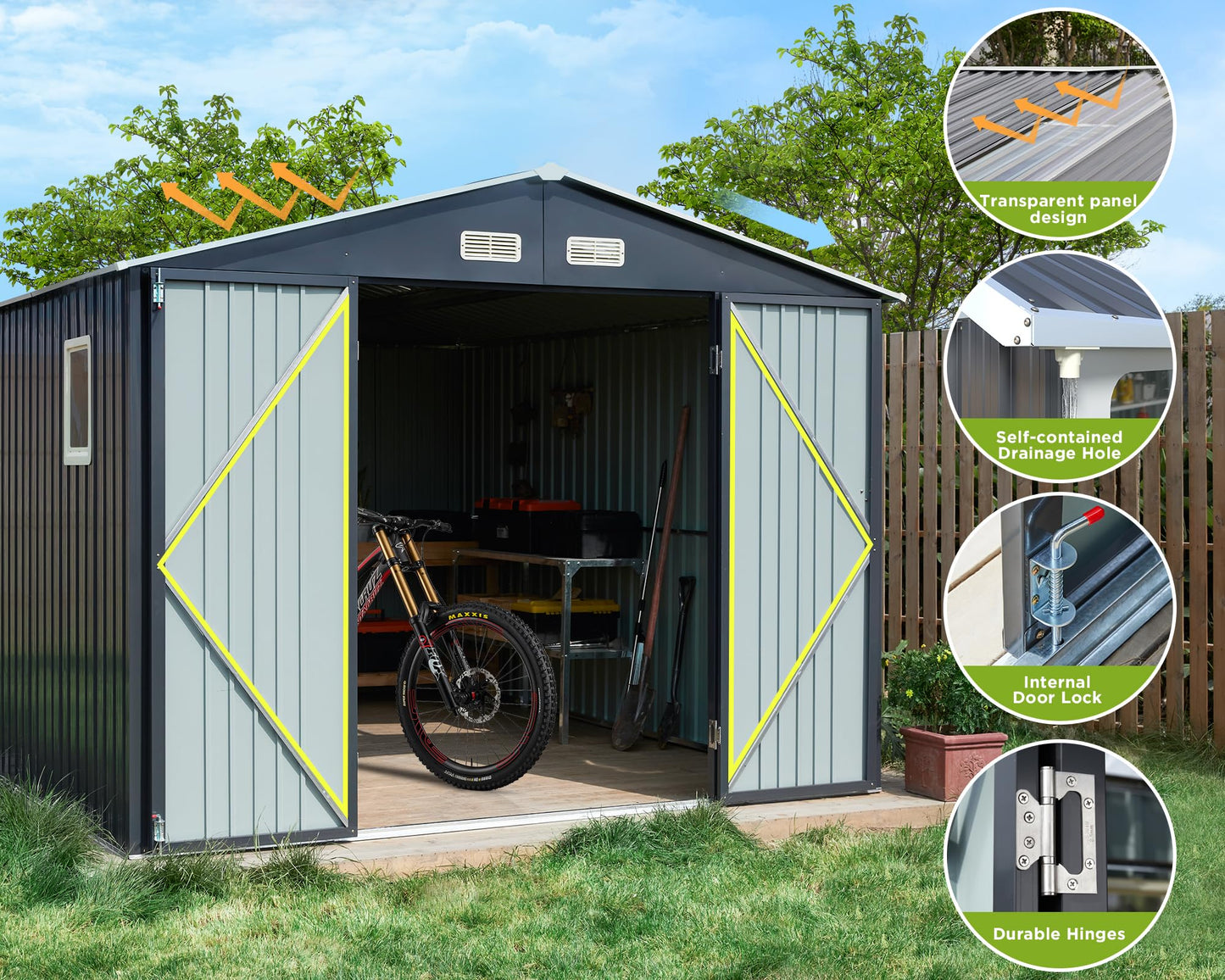 VanAcc 10x12x7.5 FT Outdoor Storage Shed, Galvanized Steel Metal Garden Sheds with 2 Light Transmitting Window and Double Lockable Door, Oversized Tool Sheds for Backyard Patio Dark Grey/Whit - WoodArtSupply