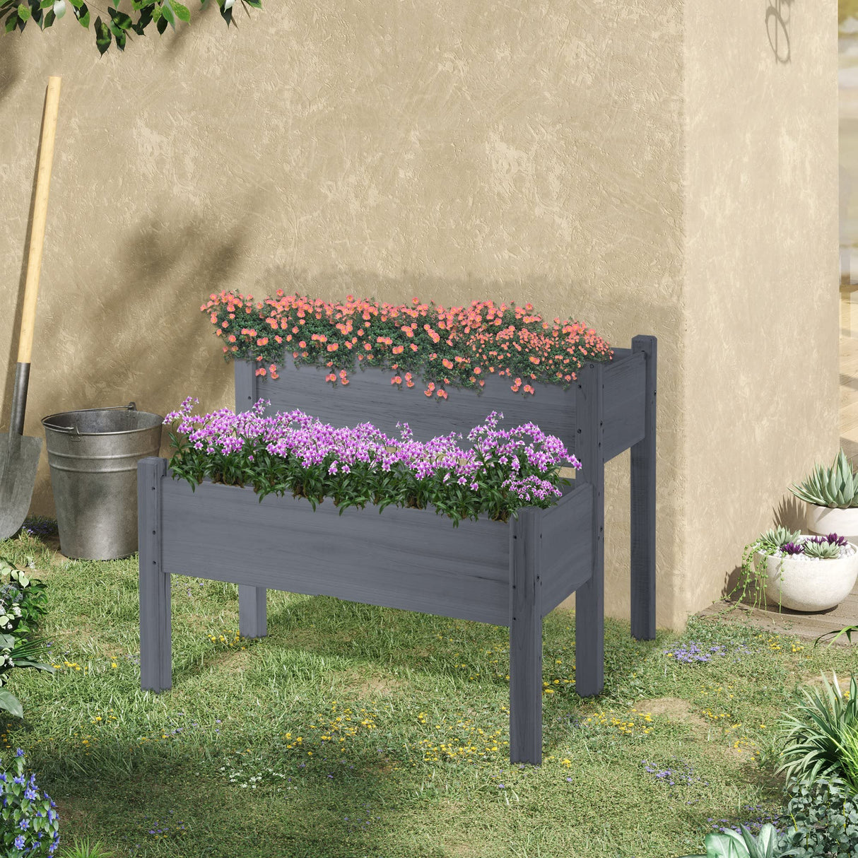 Outsunny 34"x34"x28" Raised Garden Bed, 2-Tier Elevated Wood Planter Box for Backyard, Patio to Grow Vegetables, Herbs, and Flowers, Gray Outsunny