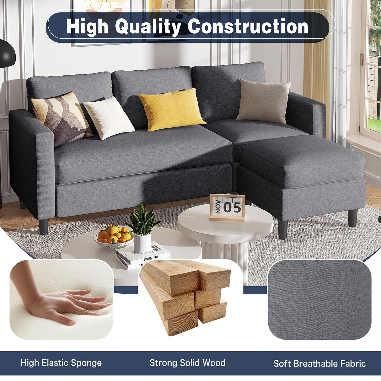 Shintenchi Small Sectional Sofa Couch, 3 Seat L Shaped Couches with Ottoman, Upholstered Fabric Convertible Sofa, Small Couch for Apartments, Living Room and Office (Dark Grey) Shintenchi