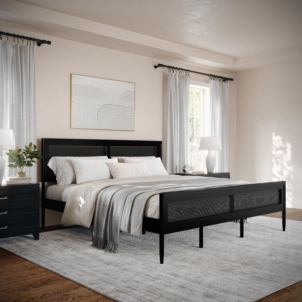 Martha Stewart Jax Platform Bed with Rattan Headboard and Footboard, Solid Wood Frame, Wooden Support Slats, No Box Spring Needed, King Size, Black Martha Stewart