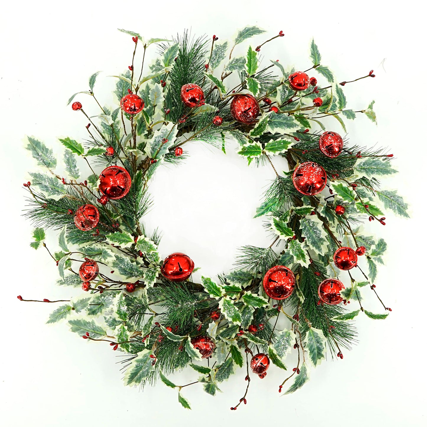 WreathDream Artificial Christmas Wreath Winter Wreath with Holly Leaves,Red Bell for Front Door Indoor Outdoor Farmhouse Wall Holiday Decor