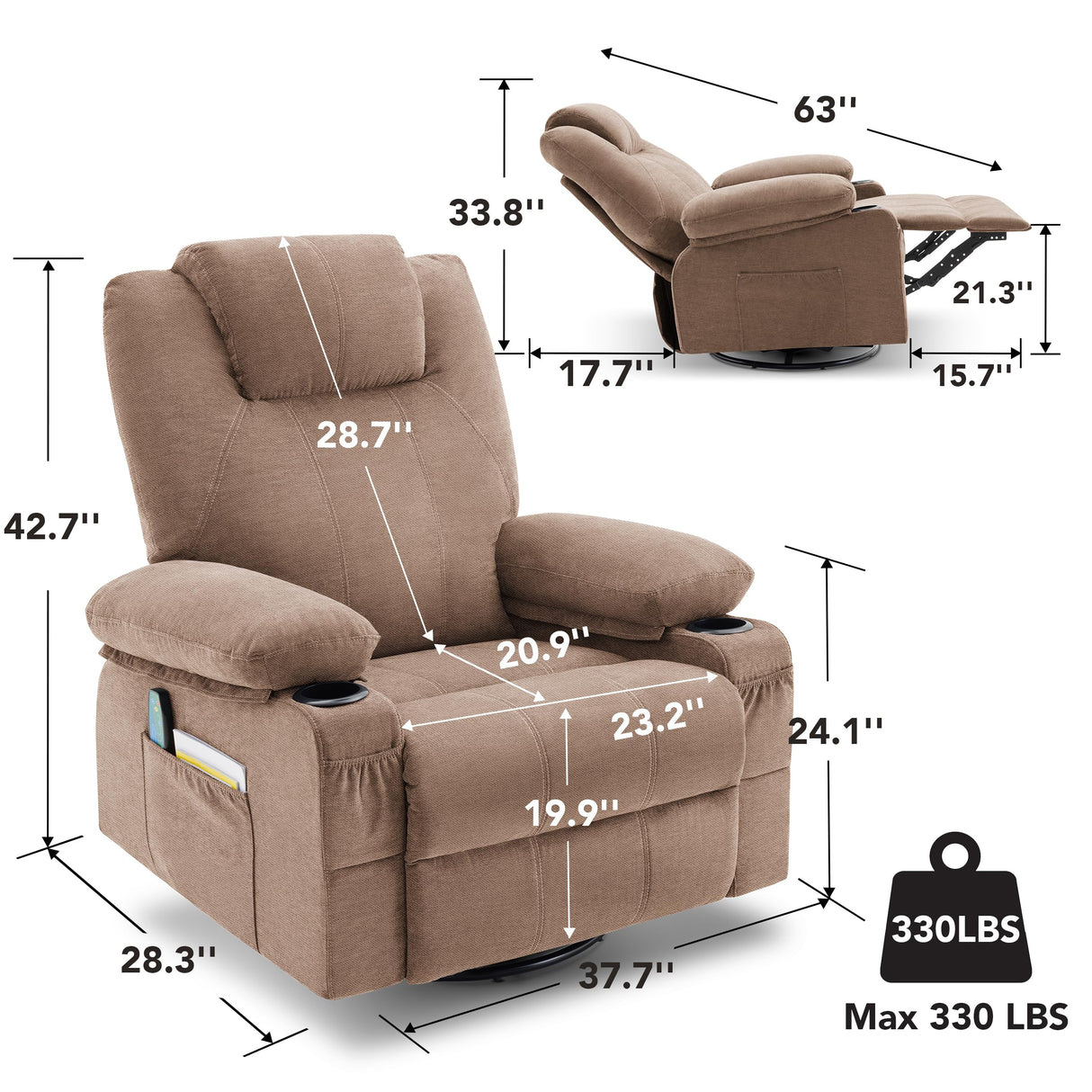 Weture Swivel Rocker Recliner Chair with Heat and Massage, 360 Degree Swivel Rocking Single Sofa with Cup Holders and USB Port, Big Oversized Recliner Chair for Living Room (Fabric, Brown) Weture