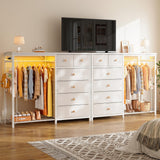 EnHomee 49.2" W White Dresser for Bedroom with Hanging Rack,6 Drawer Dresser with LED Lights & Charging Station, Fabric Dressers & Chest of Drawer with Clothes Rack, Wooden Top, Grid Panel, Closet EnHomee