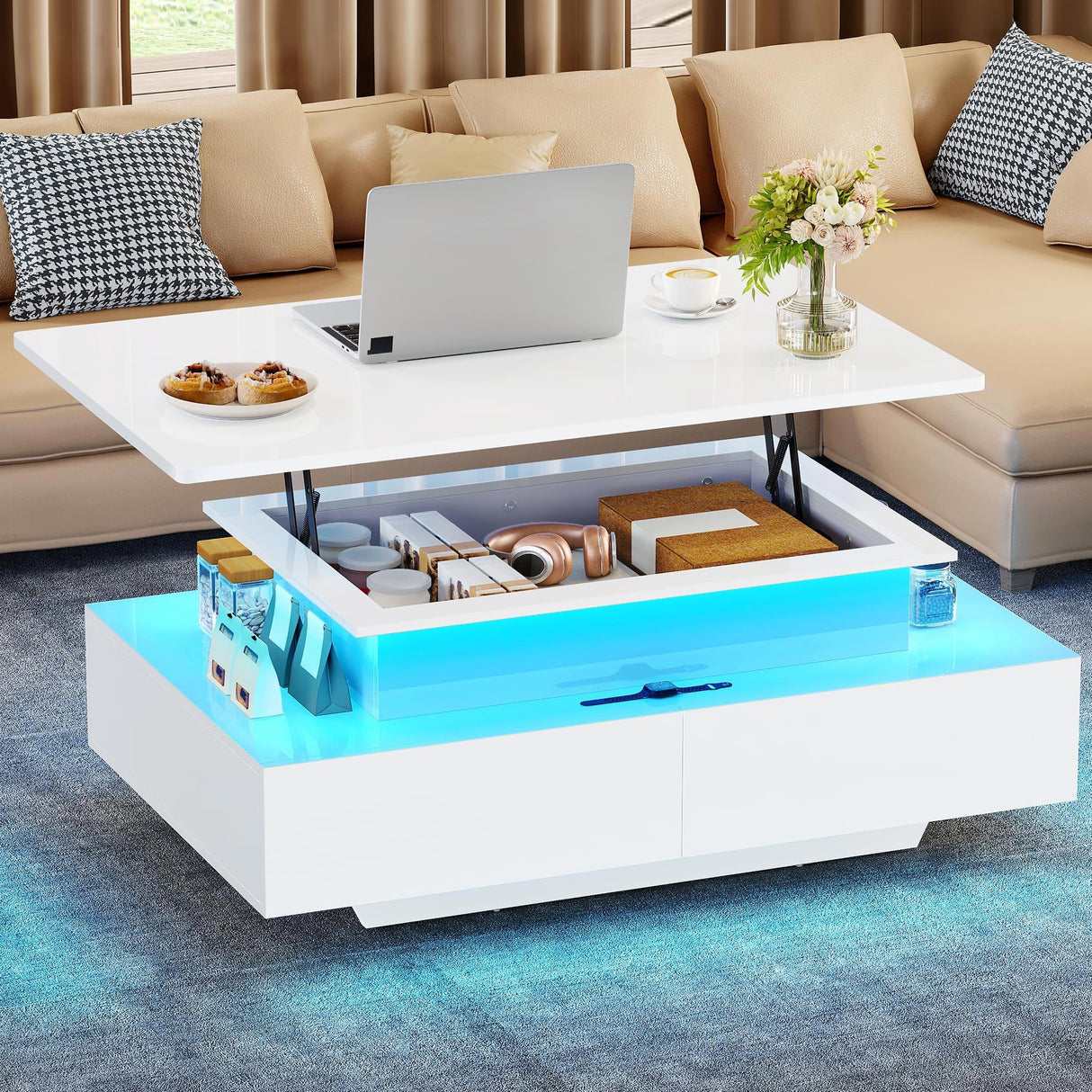 YITAHOME LED Lift Top Coffee Tables for Living Room, High Glossy Coffee Table with Storages 4 Spacious Drawers, Modern Rectangle Coffee Tables Small Center Table for Home Office, Glossy White YITAHOME