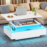 YITAHOME LED Lift Top Coffee Tables for Living Room, High Glossy Coffee Table with Storages 4 Spacious Drawers, Modern Rectangle Coffee Tables Small Center Table for Home Office, Glossy White YITAHOME