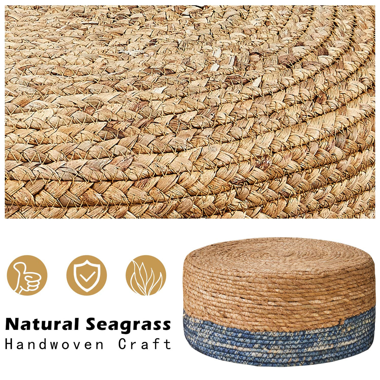 Wimarsbon Round Foot Stool Natural Seagrass Poufs Ottoman Hand Weave Footrest Stool for Couch Desk Extra Seat Step Stool with Solid Wood Legs for Hallway Patio Lounge Blue Wimarsbon