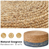 Wimarsbon Round Foot Stool Natural Seagrass Poufs Ottoman Hand Weave Footrest Stool for Couch Desk Extra Seat Step Stool with Solid Wood Legs for Hallway Patio Lounge Blue Wimarsbon