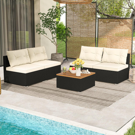 Toolsempire 5 Pieces Patio Furniture Set, Outdoor Sectional Sofa with Acacia Wood Coffee Table & Cushions, Wicker Patio Conversation Set for Porch, Deck, Balcony, Poolside & Backyard Toolsempire