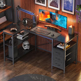 Huuger L Shaped Desk with Power Outlets, Computer Desk with 3 Drawers, 47 Inch Office Desk with Shelves, Gaming Desk, Corner Desk Work Desk for Home Office, Study, Black Huuger