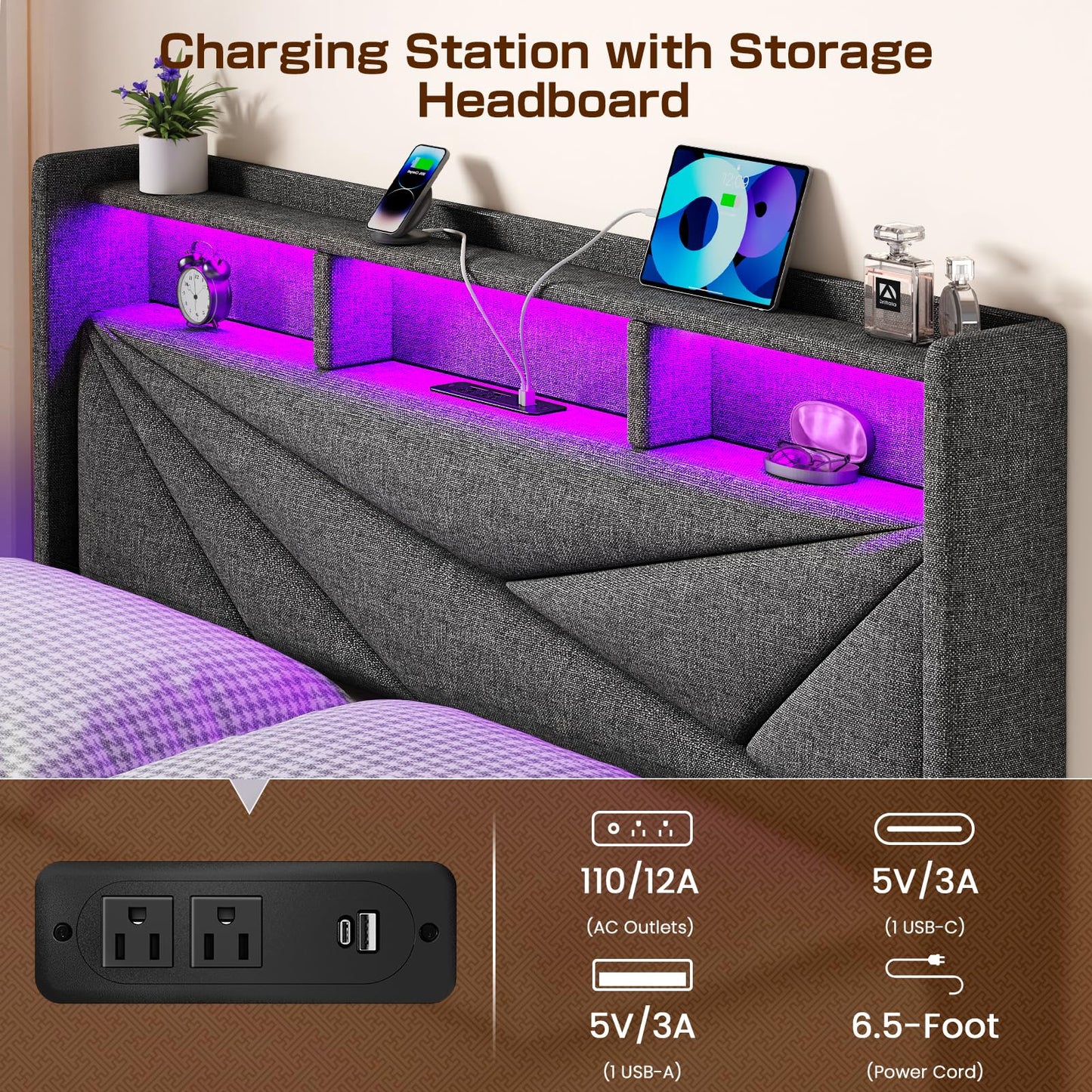 Driftalia Upholstered King Size Bed Frame with LED Lights, Charging Station, and 4 Storage Drawers - Dark Grey - WoodArtSupply