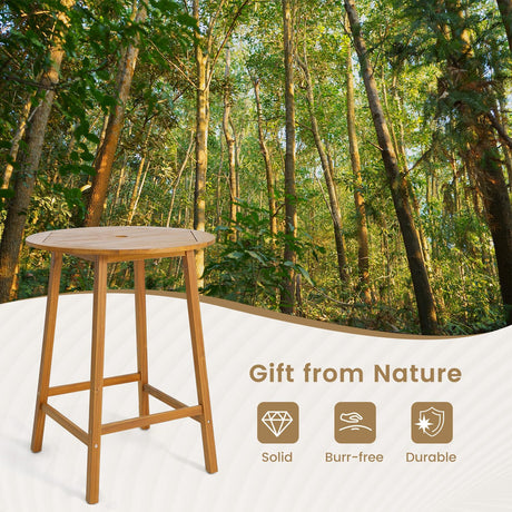 Tangkula 31.5” Natural Acacia Wood Round Patio Bar Table with Umbrella Hole Tangkula