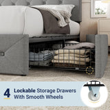 Allewie Upholstered King Size Platform Bed Frame with 4 Storage Drawers and Headboard, Diamond Stitched Button Tufted, Mattress Foundation with Wooden Slats Support, No Box Spring Needed, Light Grey Allewie