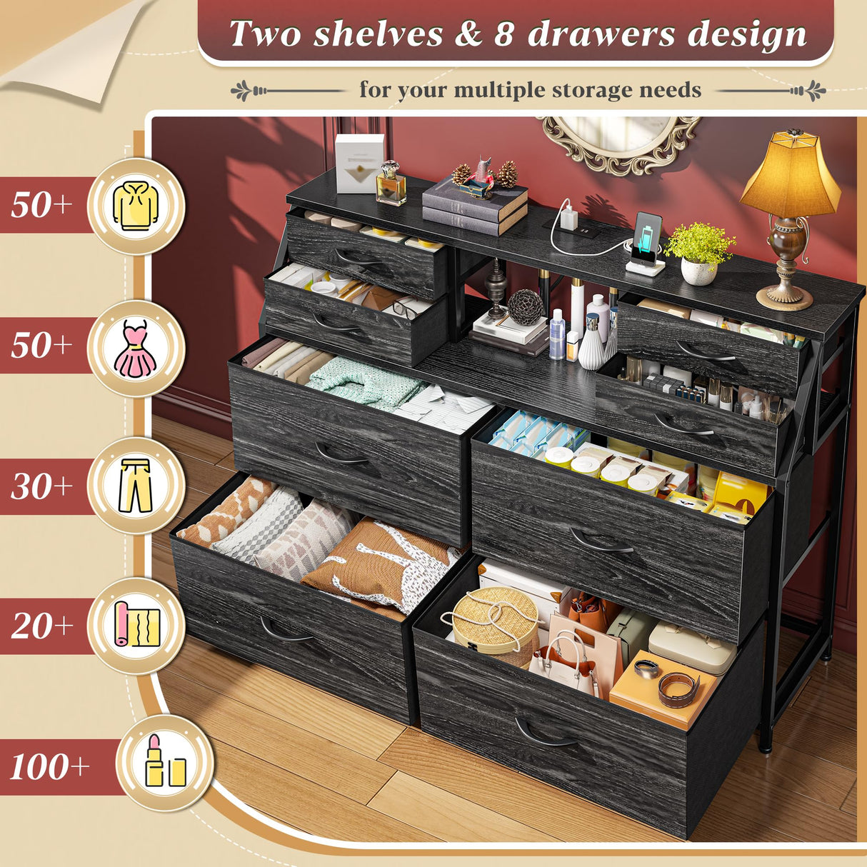 Romorgniz Dresser for Bedroom with Charging Station and LED, Sturdy Chest of Drawers with 8 Drawers and Two Open Shelves for Bedroom, Living Room,Hallway (Black) Romorgniz