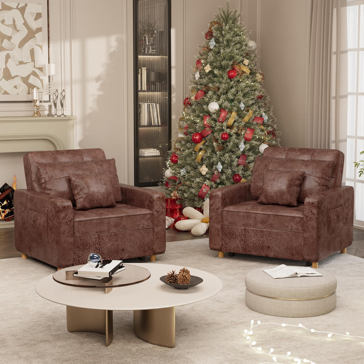 Esright Futon Chair Bed, 3-in-1 Pull-Out Sleeper Sofa Reading Chair for Adults, Convertible Sofa Chair with 3-Level Backrest for Small Space, Dorm, Living Room, Apartment, Office, Saddle Brown Esright